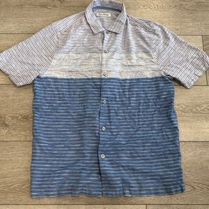 Tommy‎ Bahama 100% Silk Camp Shirt Mens Large Blue Striped Casual Button Down